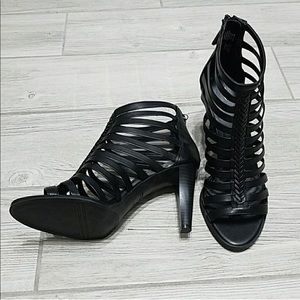 Black Strappy Caged Sandals 8.5